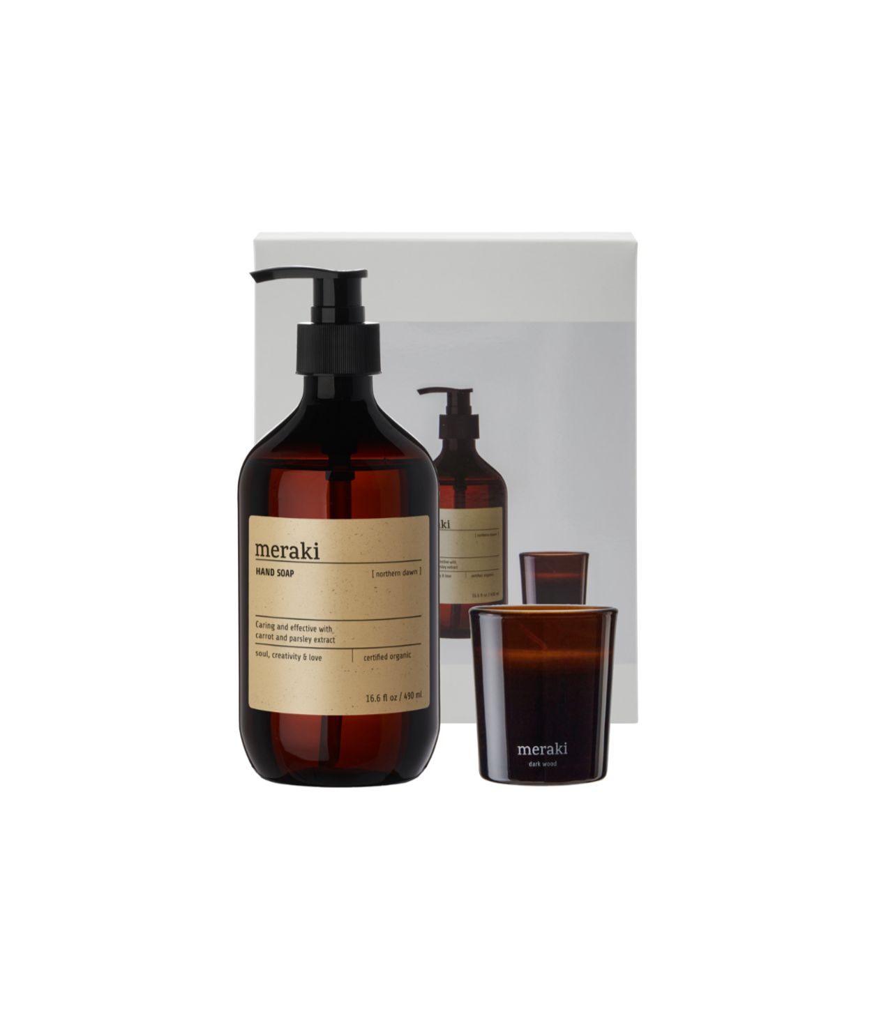 Meraki Handsápa og dark wood kerti